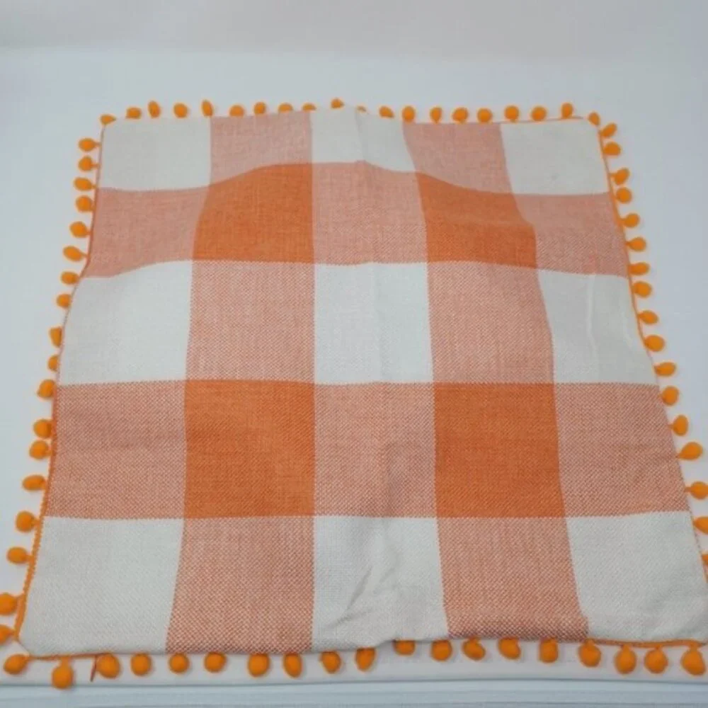 Set of 2 Decorative Plaid Throw Pillow Covers with Pom Poms | 18x18